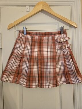 Btween Plaid Pleated Skirt with Buckle Detail - Rust Pink Size 10